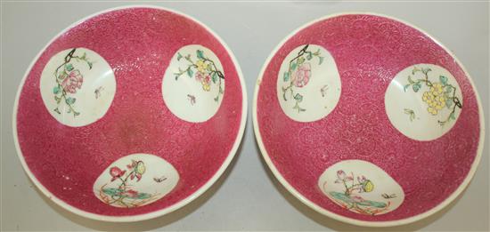 A pair of Chinese ruby ground bowls, Republic period, 18.5cm